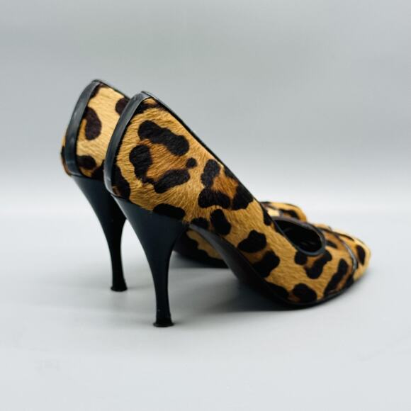 Stuart Weitzman Shoes Womens 5.5 Brown Calf Hair Leather Pumps Leopard Peep Toe - Picture 8 of 12